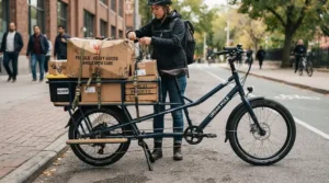 Demonstrating weight capacity differences in a front-load vs longtail cargo e-bike review