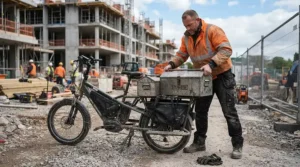 A contractor transporting heavy tools on a heavy-duty cargo ebike for maximum load capacity at a Calgary job site.
