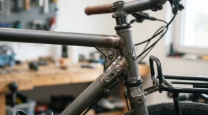 Detailed view of the reinforced frame welds on a heavy-duty cargo ebike for maximum load capacity.