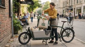 A parent using a heavy-duty cargo ebike for maximum load capacity to carry heavy groceries in Vancouver.