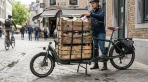 A heavy-duty cargo ebike for maximum load capacity demonstrating high payload weight ratings with crates.