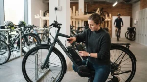 Plugging in the battery of a hybrid e-bike for commuting to work inside a modern office bike room.