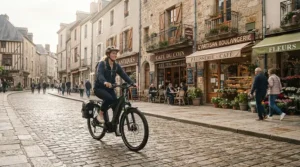 Navigating historic cobblestone streets with a hybrid e-bike for commuting to work in Montreal.