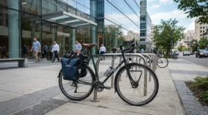 Loaded pannier bags on a hybrid e-bike for commuting to work carrying a laptop and winter gear.