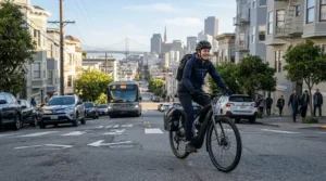Climbing a steep urban incline effortlessly on a hybrid e-bike for commuting to work during rush hour.