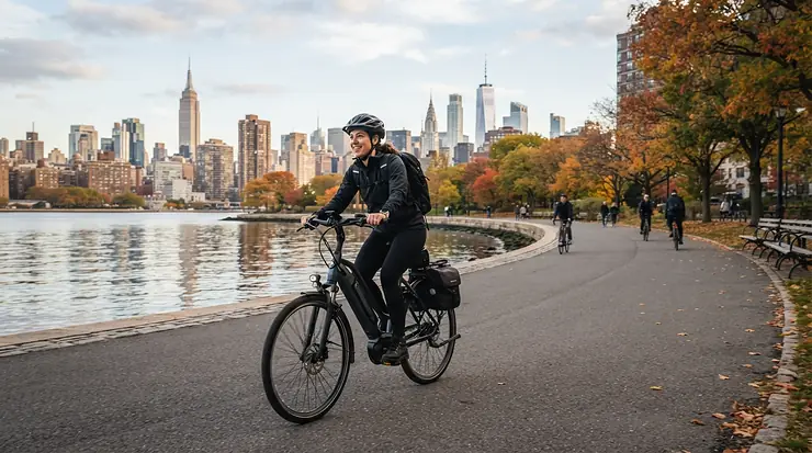 A commuter riding a hybrid e-bike for commuting to work past the Toronto skyline on a crisp autumn morning.