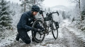 Preparing a hybrid e-bike for commuting to work with studded tires for cold-weather riding.