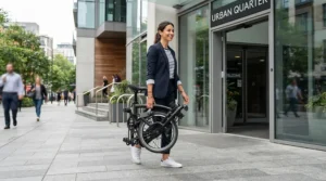 Showing the impressive weight-to-quality ratio as someone effortlessly carries a premium compact folding ebike.