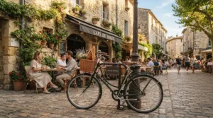 A cyclist locking up a premium compact folding ebike outside a historic Montreal cafe.