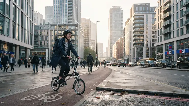 A commuter riding a premium compact folding ebike past downtown skyscrapers in Toronto.