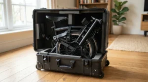 A disassembled premium compact folding ebike packed neatly inside a durable travel case.