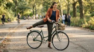 Demonstrating the easy mount e-bike frame benefits in the step-through e-bike vs standard e-bike debate.
