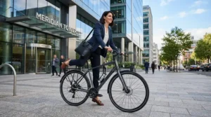 Riding in professional work attire when evaluating a step-through e-bike vs standard e-bike.