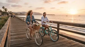 A couple enjoying a leisurely coastal ride on a versatile do-it-all electric bike along the ocean shoreline