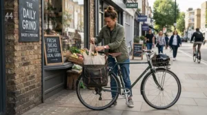A shopper loading pannier bags on a versatile do-it-all electric bike outside a local neighbourhood market