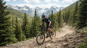 An adventurer climbing a rocky incline on a versatile do-it-all electric bike in the Pacific Northwest