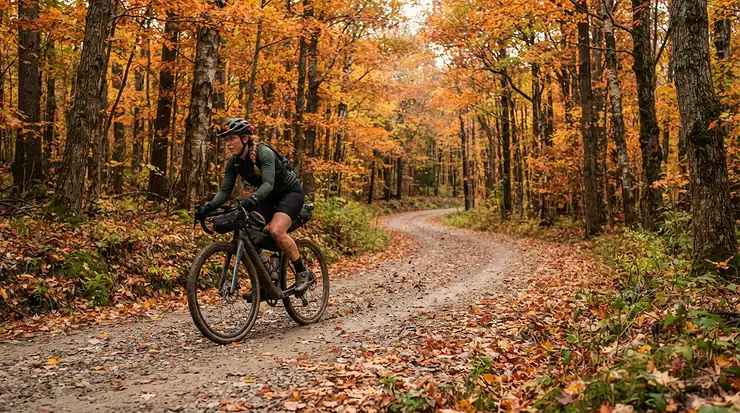 A versatile do-it-all electric bike navigating a packed gravel trail through a scenic autumn forest