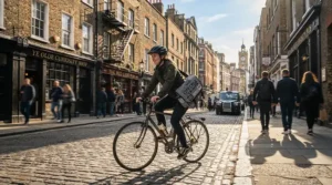A courier making quick deliveries on a versatile do-it-all electric bike through narrow city streets