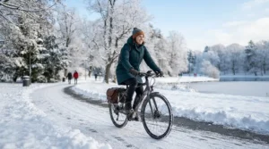 A winter cyclist navigating packed snow on a versatile do-it-all electric bike equipped with studded tires